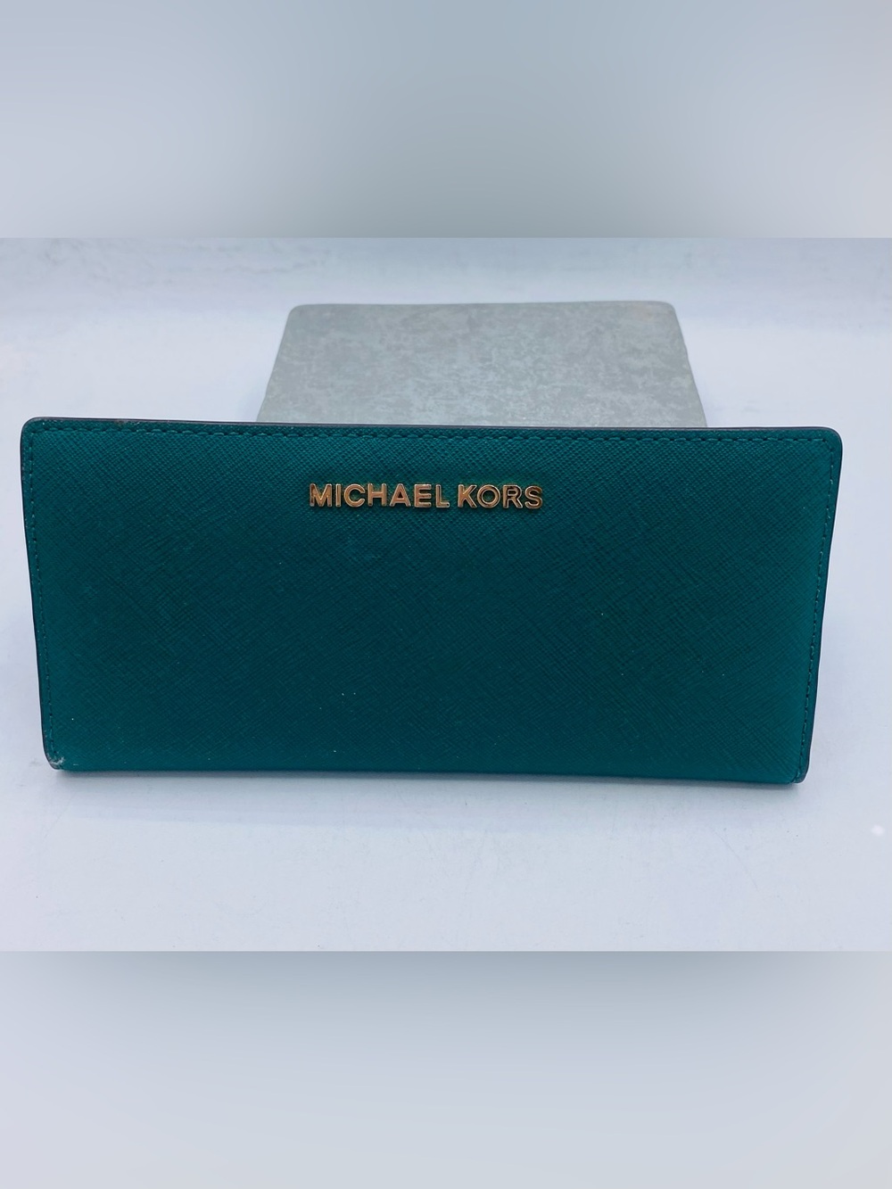 Michael Kors Teal Saffiano Leather Jet Set Travel Wallet with Gold Logo